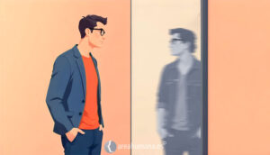 Ilustración del síndrome del impostor: hombre viendo su reflejo distorsionado