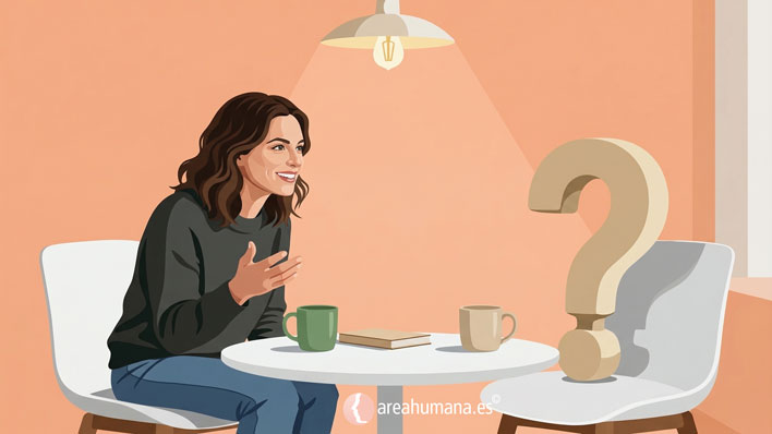 Aquí tienes la propuesta de texto alt para la imagen, redactada con rigor, accesibilidad y optimización SEO (natural) para Área Humana: alt="Ilustración minimalista que representa la convivencia con la incertidumbre. Muestra a una mujer joven charlando animadamente con un gigantesco signo de interrogación sólido sentado a su mesa de café. Sobre la mesa blanca hay dos tazas de café y un libro, bajo la luz cálida de una lámpara colgante. El fondo es de color melocotón suave con panelado blanco sutil. En la parte inferior central, el logotipo circular de areahumana.es