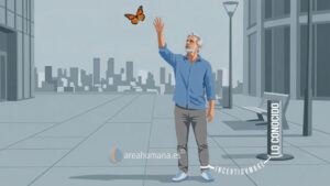 Ilustración de un hombre mirando al cielo, atado a una estaca que dice 'conocido' por una cuerda llamada 'incertidumbre', que representa el miedo al futuro