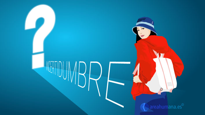 Ilustración psicológica que muestra a una mujer joven avanzando decidida por un camino sinuoso donde está escrita la palabra 'INCERTIDUMBRE'. Al final del trayecto hay un gigantesco signo de interrogación, simbolizando el miedo a lo desconocido, el futuro y la ansiedad anticipatoria.