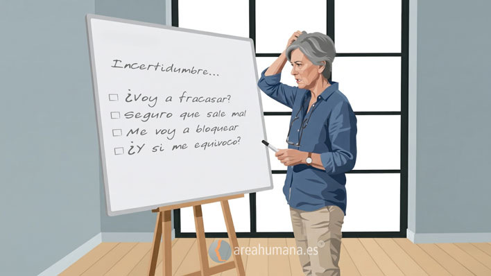 Una ilustración realista de una mujer de mediana edad con cabello corto y gris, vestida con una camisa azul y pantalones caqui. Está de pie frente a una pizarra blanca montada en un caballete de madera, con una expresión de confusión mientras se rasca la cabeza con una mano y sostiene un marcador con la otra. La pizarra blanca contiene texto escrito a mano: el título es 'Incertidumbre...'. Debajo hay una lista de cuatro casillas de verificación (sin marcar) con las siguientes preguntas y afirmaciones: '¿Y si fracaso?', 'Seguro que sale mal', 'Me voy a bloquear', '¿Y si me equivoco?'. El fondo es una habitación con piso de madera y un gran ventanal de marco negro con paneles de vidrio. En la parte inferior central hay una marca de agua con el texto 'areahumana.es'