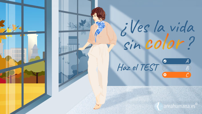 Representación gráfica conceptual del test de autoevaluación interactivo sobre tristeza o distimia, donde una ilustración estilizada muestra a una mujer apoyada en un ventanal que revela un paisaje otoñal vibrante. A la derecha, el texto de llamada a la acción pregunta: '¿Ves la vida sin color?', con 'color' en degradado. El diseño evoca la introspección y la búsqueda de bienestar emocional, incluyendo el logo 'areahumana.es'