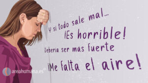 Ilustración de una mujer con gesto de angustia apoyada en una pared con pensamientos intrusivos como "¡Es horrible!" o "Me falta el aire", representando cómo combatir la ansiedad y el manejo de pensamientos negativos