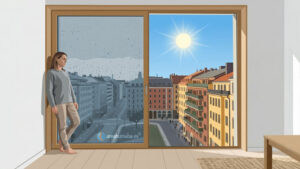 Mujer junto a una ventana observando el contraste entre un día lluvioso y gris frente a un día luminoso y soleado, como metáfora visual del significado y los síntomas de la distimia