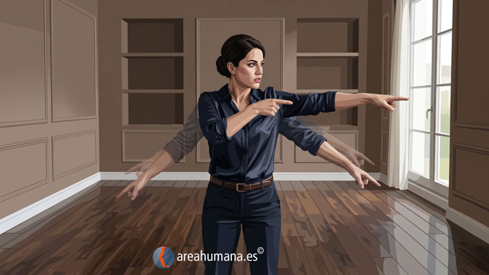 Ilustración psicológica de una mujer en una habitación vacía señalando de forma acusadora en varias direcciones con múltiples brazos superpuestos y transparentes. Representa la acción de echar la culpa a los demás y evadir la responsabilidad propia