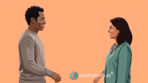GIF animado sobre empatía: un hombre y una mujer de unos 40 años y diferentes etnias extienden sus manos y unen sus índices con amabilidad. Simboliza la conexión sana y la inteligencia emocional profesional, enlazando con el test de empatía del artículo. Fondo degradado naranja suave