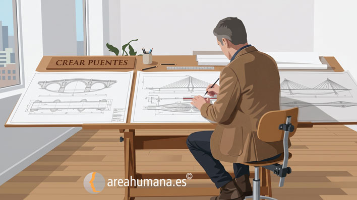 Ilustración de un hombre diseñando planos arquitectónicos en una mesa de dibujo con el lema "Crear Puentes". Metáfora visual de Área Humana sobre cómo la empatía nos ayuda a construir conexiones sólidas en nuestras relaciones