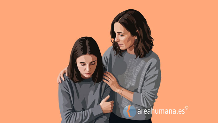 Ilustración de una mujer ofreciendo apoyo y consuelo a otra joven que se muestra triste. Una representación de la empatía en la práctica, mostrando el valor del acompañamiento emocional