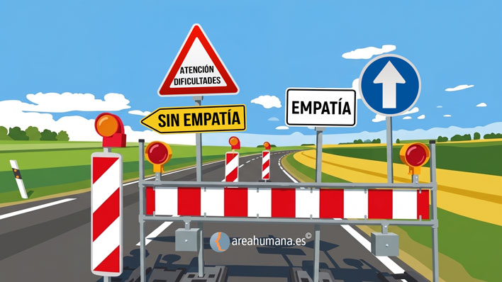 Ilustración de Área Humana Psicología en una carretera con señales de tráfico metafóricas sobre por qué puede fallar la empatía. Una señal amarilla de 'SIN EMPATÍA' indica un desvío hacia obstáculos, representados por una barrera de obras y un letrero de 'ATENCIÓN DIFICULTADES'. Una señal azul de 'EMPATÍA' marca el camino correcto. Una imagen para entender las dificultades de conexión emocional y por qué nos desviamos del camino de la empatía