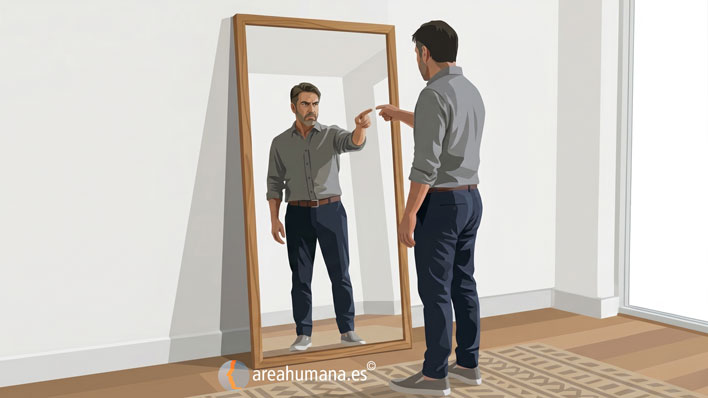 Una ilustración psicológica moderna que representa el sentimiento de culpa y la introspección. Un hombre vestido de manera informal mira su reflejo en un gran espejo de suelo con marco de madera; su propio reflejo, con una expresión severa y de juicio, lo señala acusadoramente con el dedo, simbolizando el "crítico interno" y el auto-juicio doloroso asociado con la culpa en Psicología. La escena transcurre en una habitación minimalista con suelo de madera y una alfombra.