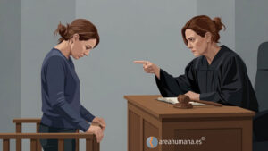 Mujer cabizbaja siendo acusada por una jueza idéntica a ella. Metáfora visual del sentimiento de culpa y nuestro juez interior.