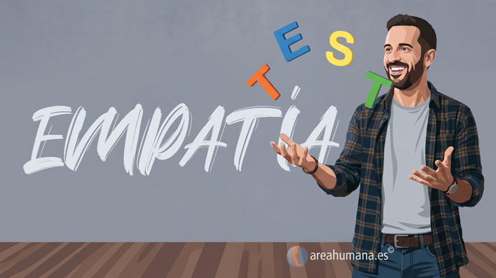 Ilustración de un hombre sonriente haciendo malabares con las letras de la palabra TEST, con el término EMPATÍA escrito en la pared del fondo. Representa la sección del test de empatía para evaluar nuestras habilidades emocionales