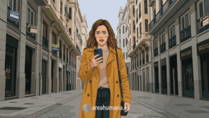 Mujer joven caminando por una calle con edificios, mirando su móvil con expresión de incertidumbre y ansiedad por la búsqueda de vivienda