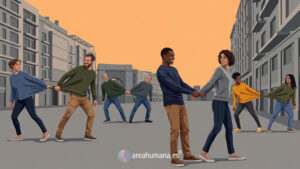 Metáfora visual de la dependencia emocional en pareja: cinco parejas diversas unidas por sus jerséis, tirando en direcciones opuestas