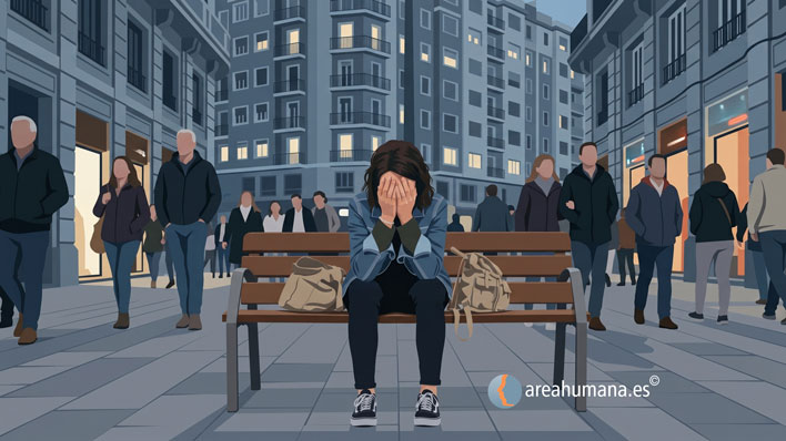 Ilustración de una mujer joven sentada en un banco de la ciudad con la cara entre las manos, mostrando tristeza contenida mientras la multitud camina a su alrededor ignorándola. Representa el aislamiento emocional y la trampa de la culpa individual frente al malestar estructural por la vivienda