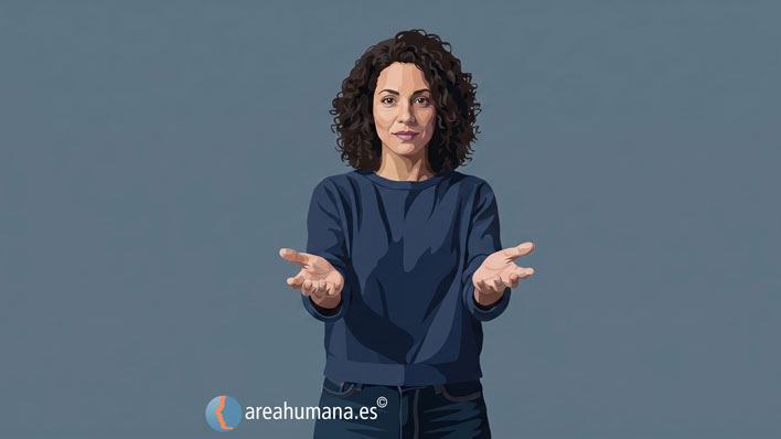 Representación del mito de la independencia frente a la dependencia emocional en pareja: mujer con gesto de las manos en actitud de acoger