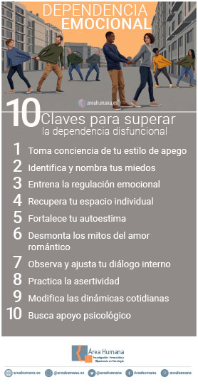 Infografía con 10 consejos de Psicología para superar la dependencia emocional patológica y construir relaciones de pareja sanas
