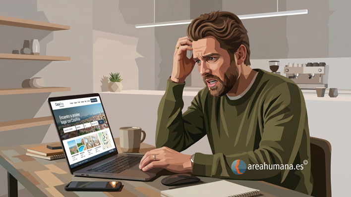 Ilustración de un hombre joven frente a su portátil buscando piso en un portal inmobiliario, con expresión de estrés y frustración, que representa la carga mental y la ansiedad por el problema de la vivienda