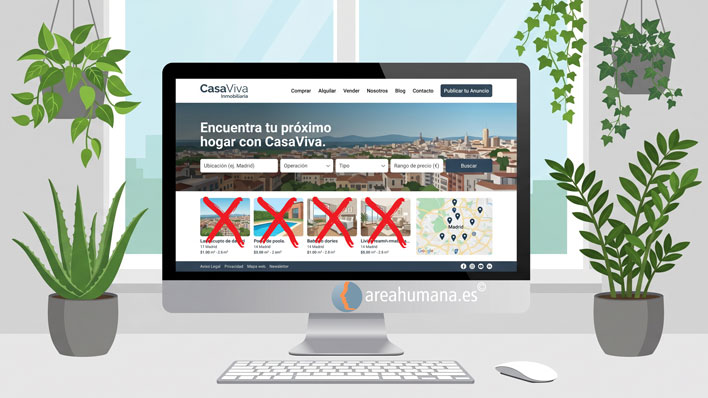 Monitor de ordenador mostrando un portal inmobiliario con los listados de propiedades tachados por cruces rojas, simbolizando la frustración en la búsqueda de hogar y el estrés de la ansiedad por la vivienda. Incluye el logo de areahumana.es