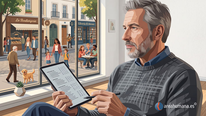Ilustración de un hombre sosteniendo una tablet con un cuestionario, mirando reflexivo por la ventana hacia una calle animada. Metáfora visual sobre la autorreflexión al realizar el test para identificar nuestra tendencia de personalidad ante la soledad