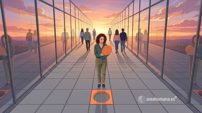 Ilustración conceptual de una mujer sosteniendo una losa circular (identidad auténtica) ante un molde cuadrado en el suelo (norma social), simbolizando la validación de la propia identidad y la diferencia psicológica entre encajar y pertenecer auténticamente