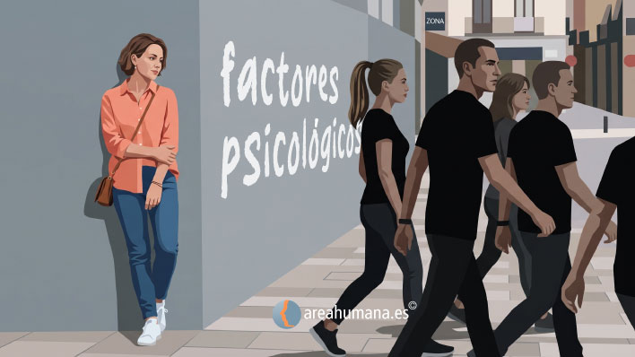 Ilustración de una mujer apoyada en una pared con el texto factores psicológicos, mientras un grupo de personas camina por delante sin mirarla. Metáfora visual sobre la soledad subjetiva y el miedo a la soledad