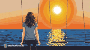 Ilustración animada de una mujer sentada en un columpio frente al mar al atardecer mirando un columpio vacío. Metáfora visual sobre el miedo a la soledad y el bienestar emocional