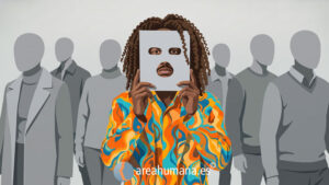 Ilustración conceptual de una persona con ropa colorida que oculta su rostro tras una máscara gris para mimetizarse con un entorno de figuras idénticas y sin color, simbolizando el camuflaje social, el estrés de las minorías y el agotamiento emocional que aparece cuando siento que no encajo
