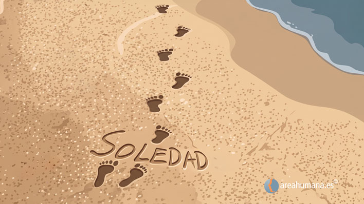 Ilustración de unas huellas en la arena de la playa avanzando junto a la palabra soledad. Metáfora visual sobre el camino para afrontar el miedo a la soledad y alcanzar el bienestar emocional.