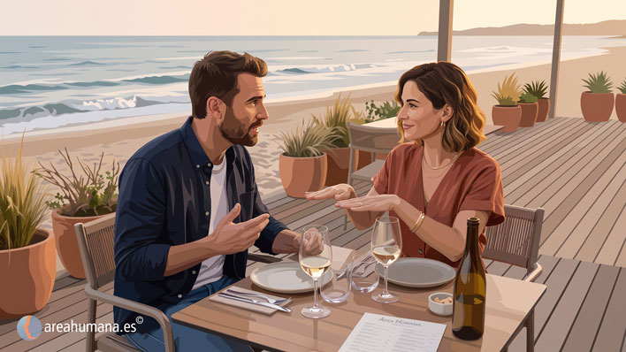 Ilustración de una pareja conversando en un restaurante de playa al atardecer. Él habla con cierta intensidad, mientras ella, con una sonrisa amable, hace un gesto con las manos invitando a la calma, representando la regulación emocional y la comunicación positiva en vacaciones