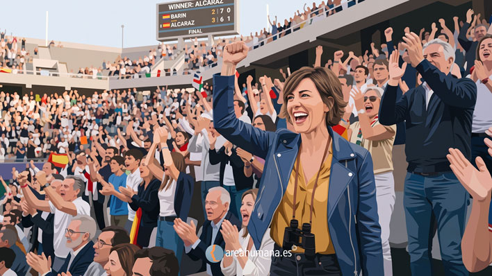 Ilustración de una mujer sonriendo y levantando el puño en una grada de tenis, rodeada de una multitud que celebra y aplaude. Una metáfora visual que representa el contagio emocional y la neurociencia de la alegría compartida
