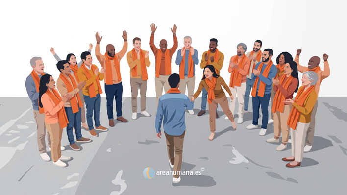 Ilustración de un grupo diverso y alegre de personas que acoge a un nuevo integrante. Comparten un fular naranja como símbolo de cohesión grupal y pertenencia, representando visualmente la Teoría de la Identidad Social y la integración del "yo" en el "nosotros"