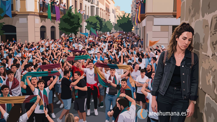 Ilustración de una mujer con expresión de tristeza y desconexión apoyada en un muro, mientras a su lado una gran multitud celebra con euforia en la calle. Una metáfora visual que representa el sentimiento de soledad frente a la multitud y el efecto de contraste emocional
