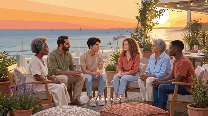 Un grupo diverso de personas conversando íntimamente en círculo en una terraza al atardecer, un ejemplo visual de que significa conectar emocionalmente a través del diálogo