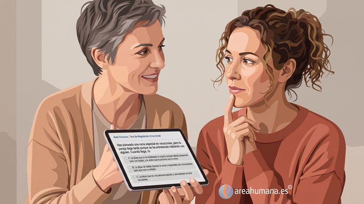 Ilustración de dos mujeres interactuando de forma cercana. Una de ellas sostiene una tablet mostrando un test de regulación emocional, mientras la otra reflexiona sobre su respuesta, representando la autoevaluación de la comunicación positiva y la conexión emocional