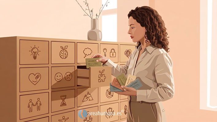 Ilustración de una mujer clasificando tarjetas en un mueble organizador donde cada cajón tiene un icono diferente. Metáfora visual en Psicología que representa el proceso de identificación y atribución correcta de las dificultades para lograr una regulación emocional sana.