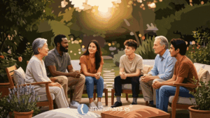 Ilustración de un grupo diverso de personas conversando en actitud de escucha activa al atardecer, representando la conexión emocional y la comunicación positiva en vacaciones