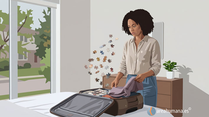 Ilustración de una mujer deshaciendo su maleta tras las vacaciones, de la que emergen piezas de puzzle desordenadas que simbolizan la evitación emocional y los conflictos latentes que reaparecen con el síndrome postvacacional o efecto septiembre.
