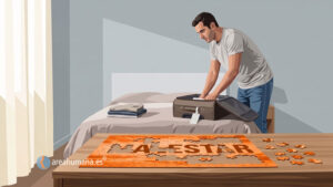 Ilustración de un hombre deshaciendo su equipaje en una habitación minimalista, junto a un puzzle incompleto sobre una mesa que forma la palabra malestar, representando la gestión del estrés postvacacional y el bienestar emocional como un proceso continuo