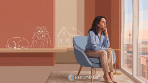 Ilustración de una mujer en actitud reflexiva junto a siluetas de un perro, una amistad y una casa, que representan visualmente los duelos invisibles y las pérdidas silenciosas cotidianas