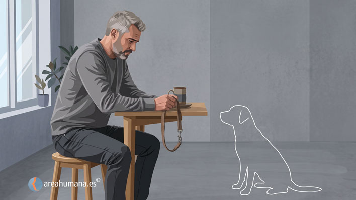 Ilustración de un hombre en actitud reflexiva sosteniendo una correa junto a la silueta translúcida de un perro. Metáfora visual que representa el duelo desautorizado y el dolor de las pérdidas silenciosas, como la muerte de un animal de compañía.