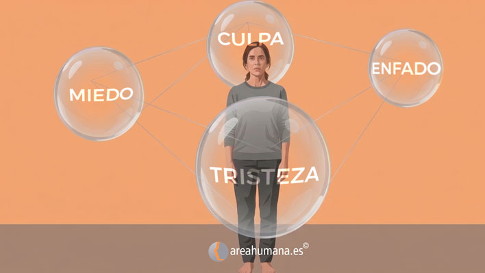Ilustración de una persona rodeada por esferas translúcidas conectadas entre sí que contienen las palabras tristeza, miedo, culpa y enfado. Metáfora visual del mapa emocional en los duelos invisibles y las pérdidas silenciosas.
