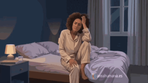 Ilustración conceptual de una mujer sentada en la cama con insomnio y pensamientos intrusivos que bloquean conciliar el sueño